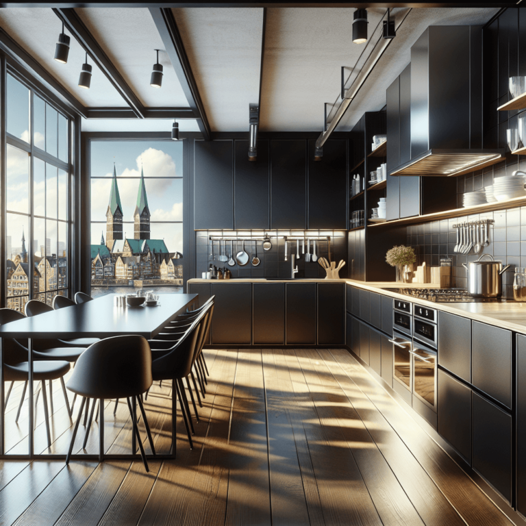 schwarze Küche mit Stahlakzenten-Bremen